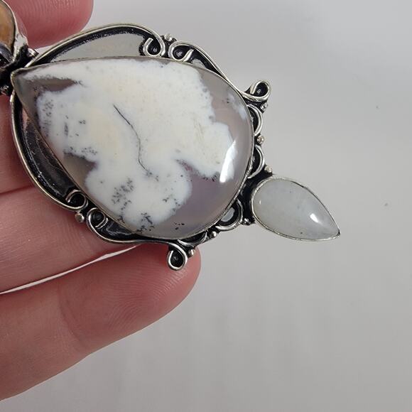Handmade Silver Pendant with Dendritic Opal, Moonstone & Freshwater Pearl - Picture 7 of 10